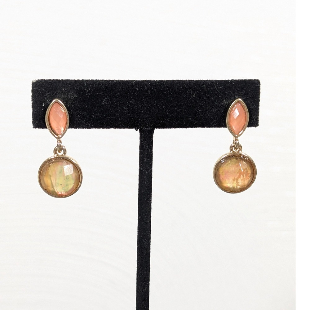 Napier Gold Tone Drop Earrings‎ Faceted Peach Acrylic Cabochon Dangle Pierced